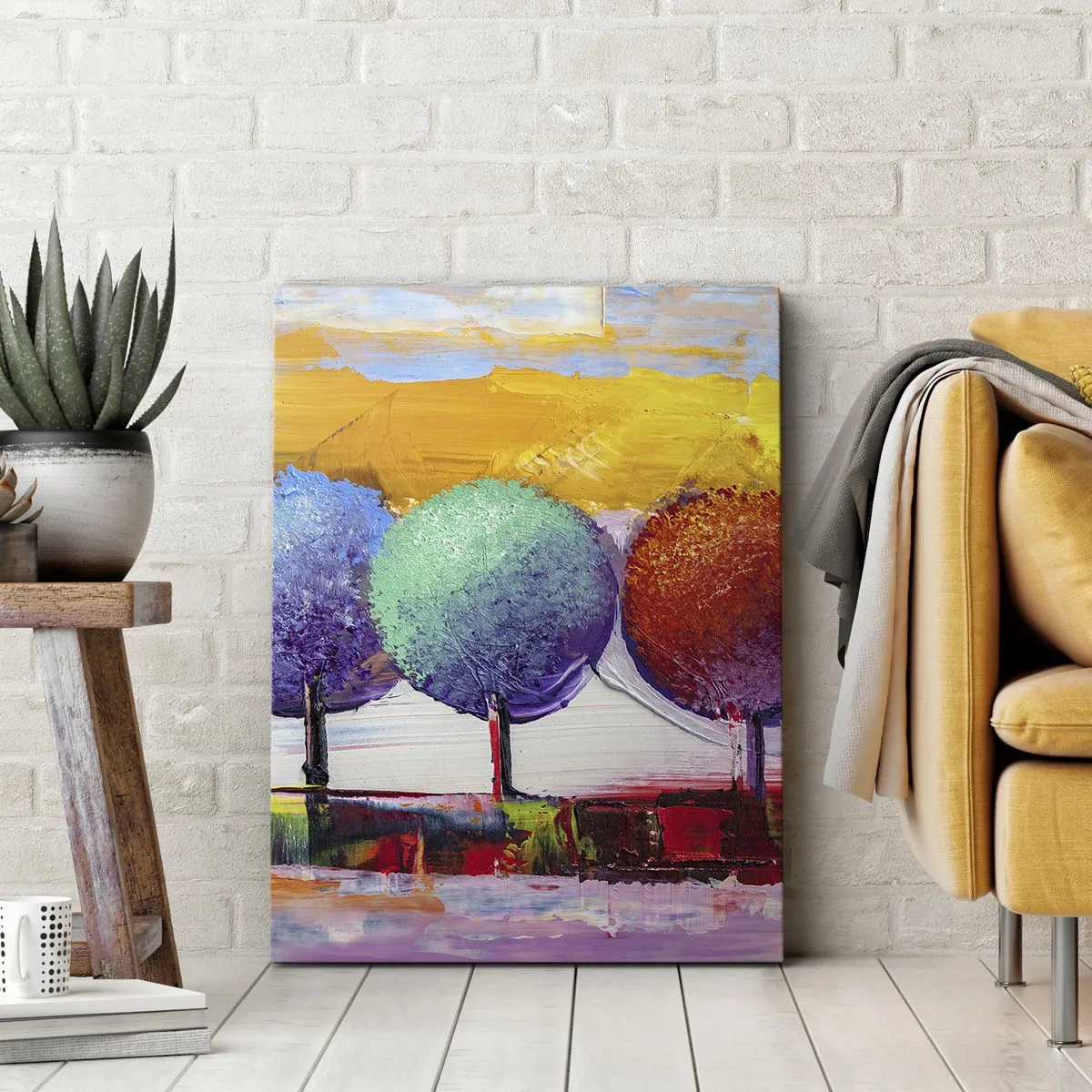 Cuadro sobre lienzo - Impresión de Imagen - Tres árboles coloridos sobre un fondo abstracto - 80x120cm - Tres árboles coloridos - Decoración de pared moderna para salón y dormitorio ARTTOR