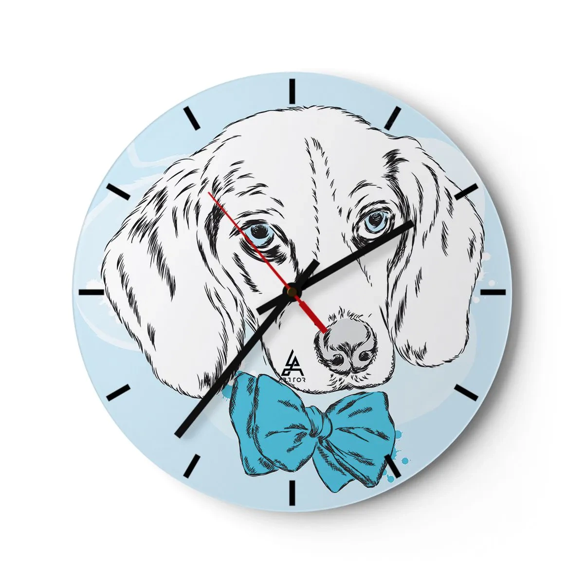 Reloj de pared - Reloj de vidrio - Dibujo artístico de un perro con una pajarita azul sobre un fondo claro. - 30x30cm - Elegancia canina - Decoración de pared moderna para salón, cocina y dormitorio ARTTOR