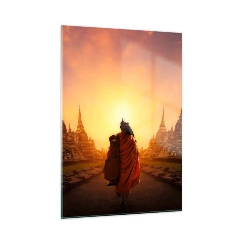 Cuadro sobre vidrio - Impresiones sobre Vidrio - Un monje con el sol poniente como telón de fondo y templos en Asia. - 50x70cm - En paz por la eternidad - Decoración de pared moderna para salón y dormitorio ARTTOR