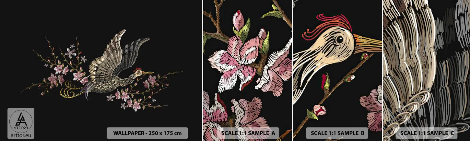 Muestra De Fotomural Standard Eco - Ave florida - Pájaro, Gráficos, flores - 100x30 cm