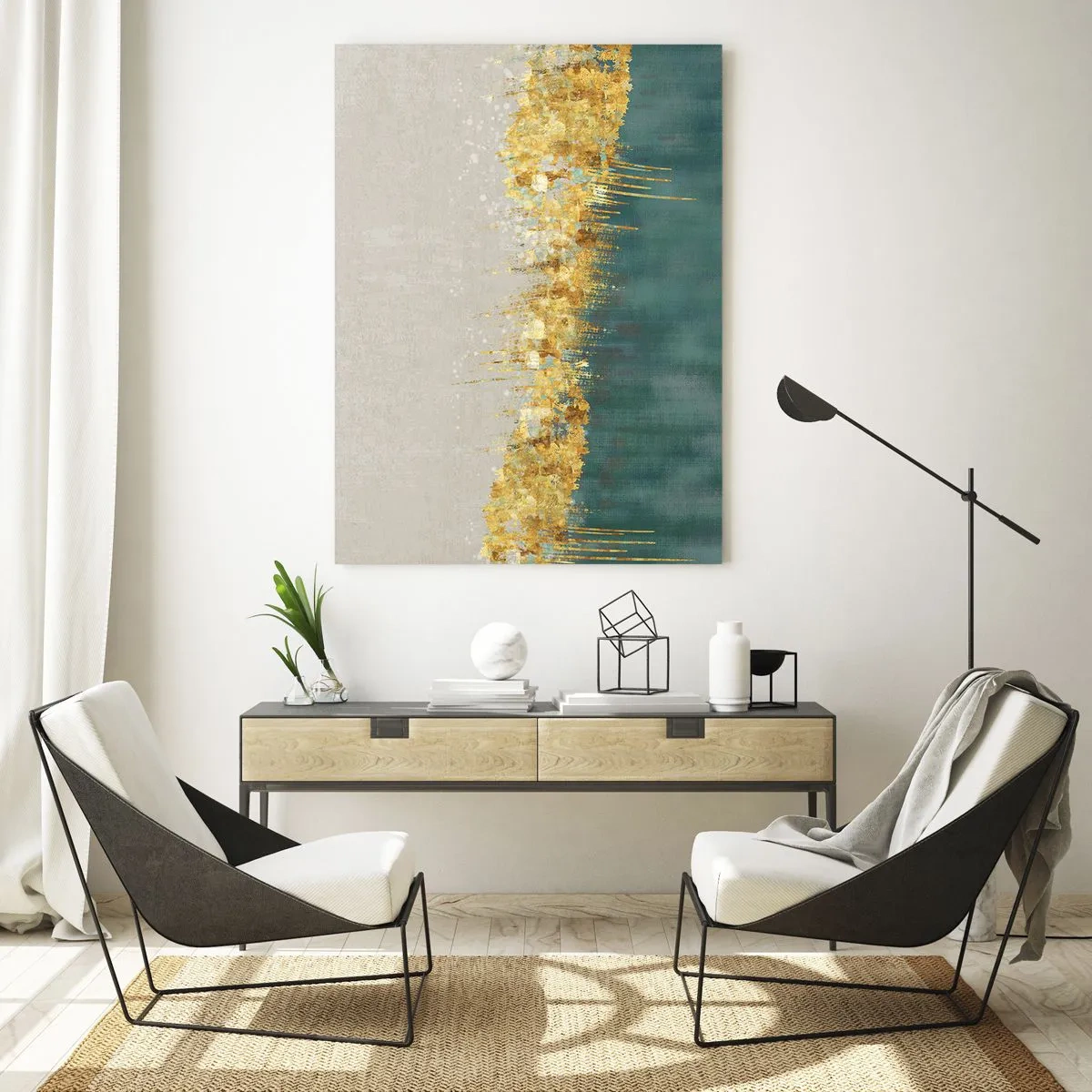 Cuadro sobre vidrio - Impresiones sobre Vidrio - Acentos dorados sobre un fondo verde-beige. - 80x120cm - La frontera dorada - Decoración de pared moderna para salón y dormitorio ARTTOR