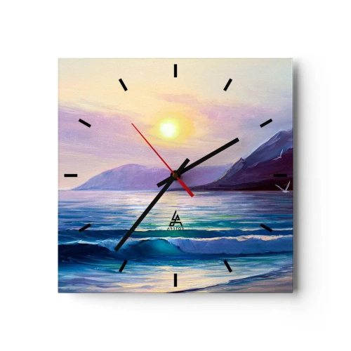 Reloj de pared - Reloj de vidrio - Un pintoresco paisaje marino al atardecer con olas y montañas. - 30x30cm - Cristal de agua y aire - Decoración de pared moderna para salón y dormitorio ARTTOR