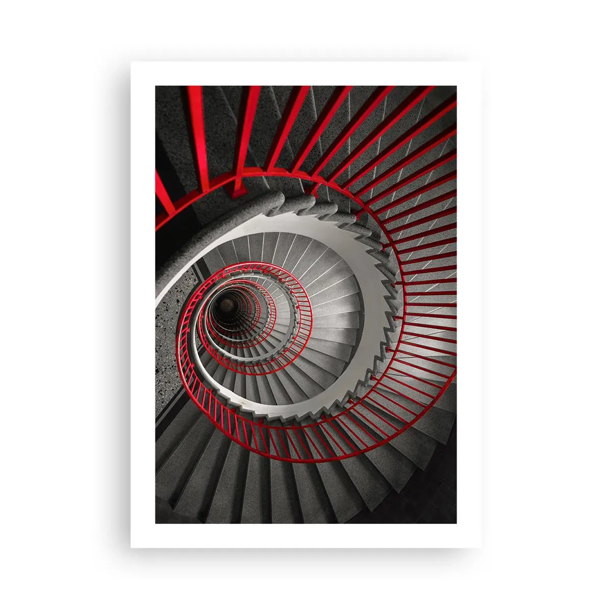 Póster - Escalera de caracol en blanco y negro con pasamanos rojos. - 50x70cm - Juegos arquitectónicos - Decoración de pared moderna para salón y dormitorio ARTTOR