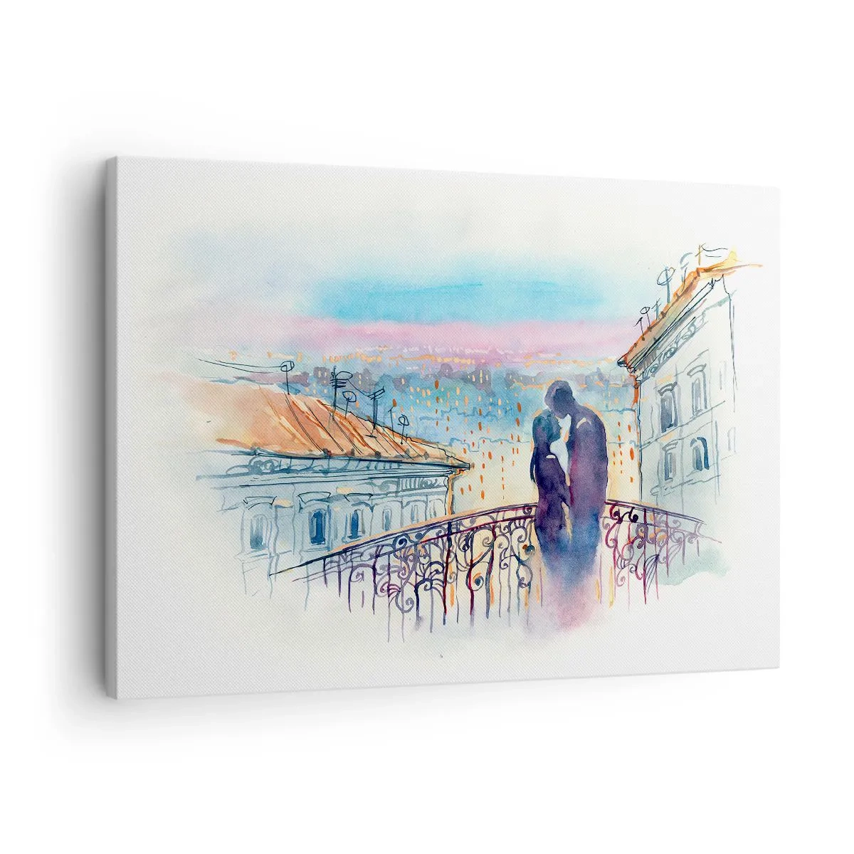 Cuadro sobre lienzo - Impresión de Imagen - Pareja romántica en un balcón con vistas a la ciudad. - 70x50cm - Los amantes de París - Decoración de pared moderna para salón y dormitorio ARTTOR