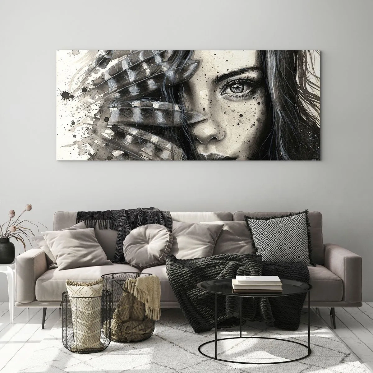 Cuadro sobre vidrio - Impresiones sobre Vidrio - Retrato artístico de una mujer con detalles abstractos. - 160x50cm - Belleza salvaje - Decoración de pared moderna para salón y dormitorio ARTTOR