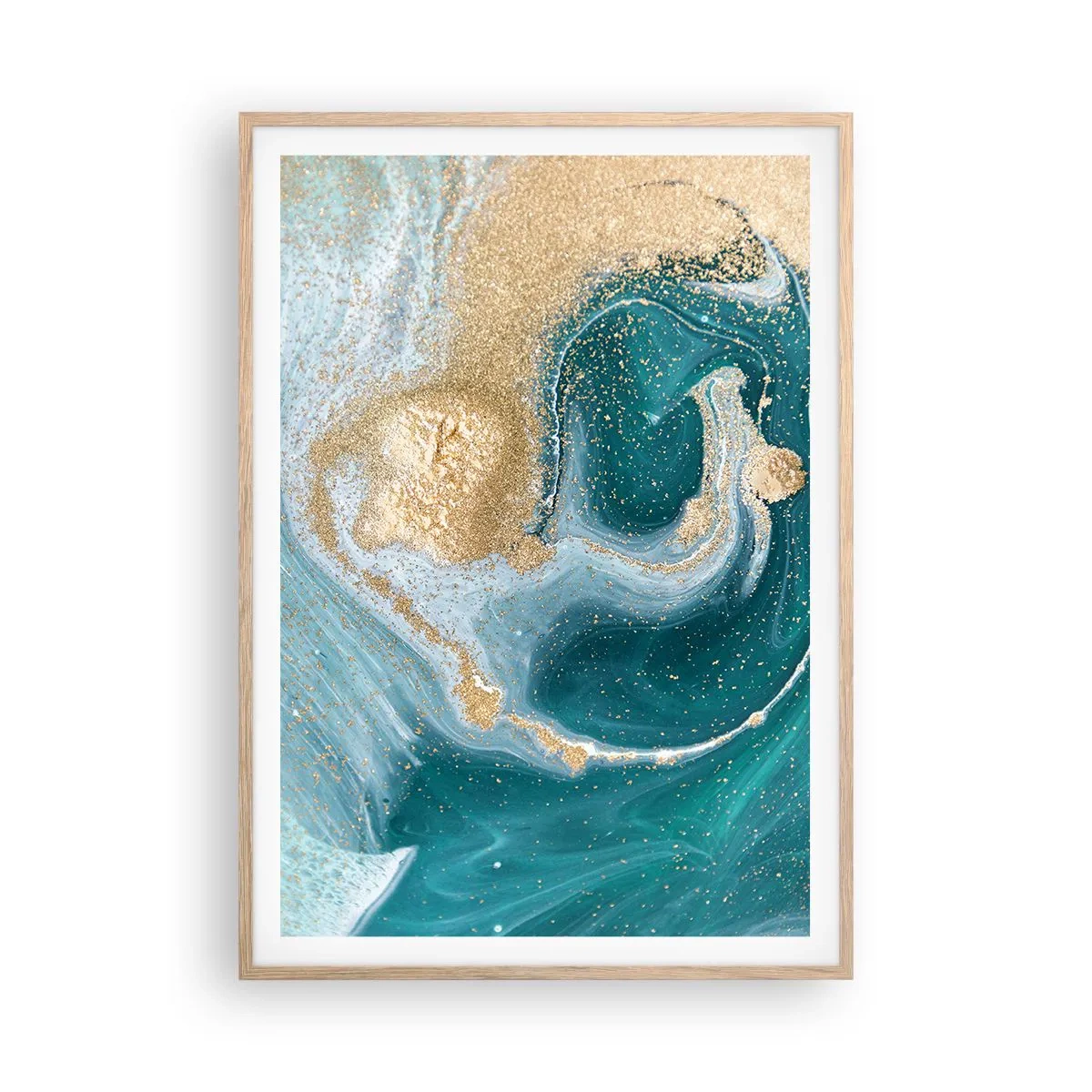 Póster en marco roble claro - Un remolino de oro y turquesa - 70x100 cm