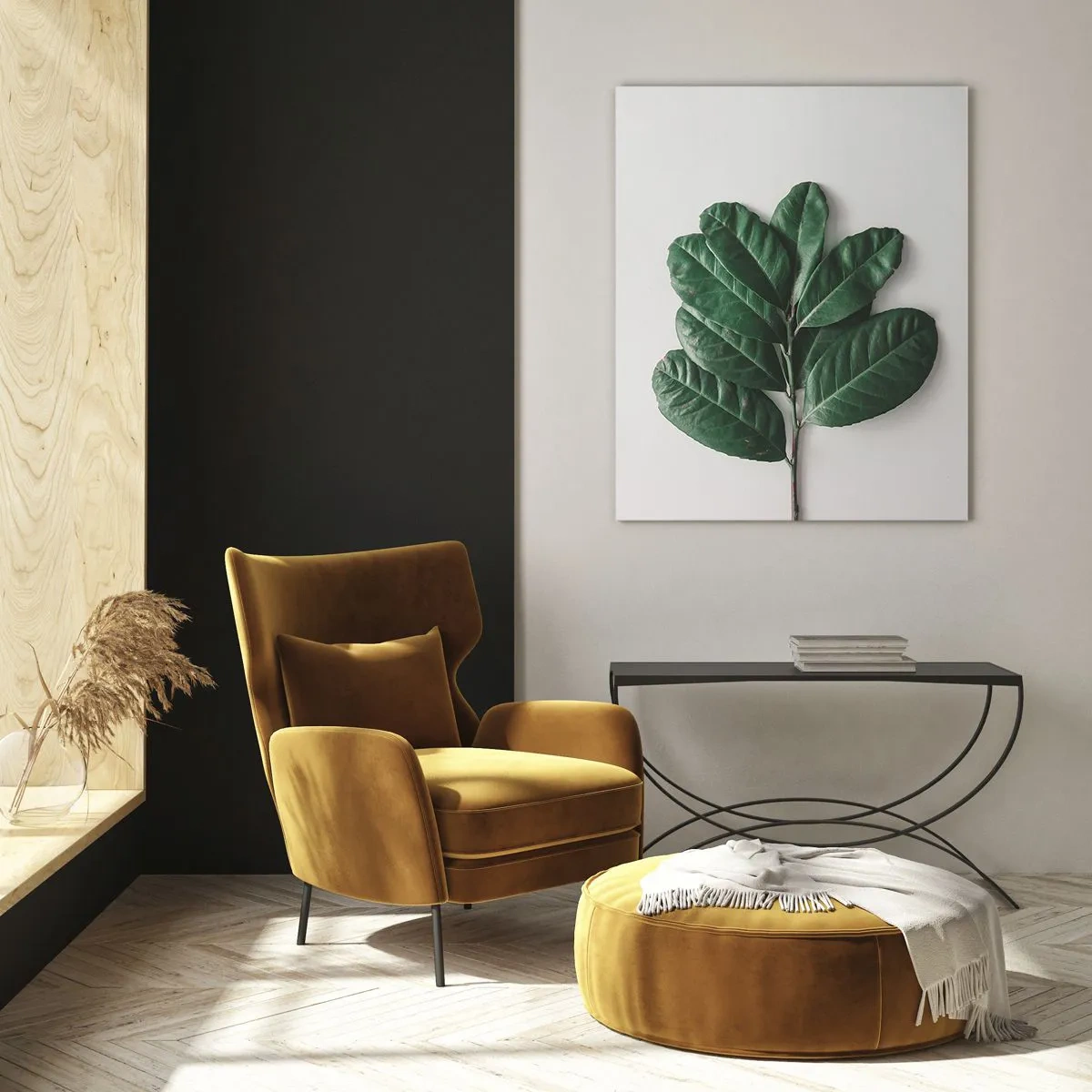 Cuadro sobre vidrio - Impresiones sobre Vidrio - Una rama con hojas verdes sobre un fondo claro. - 50x70cm - El dibujo de la propia naturaleza - Decoración de pared moderna para salón y dormitorio ARTTOR