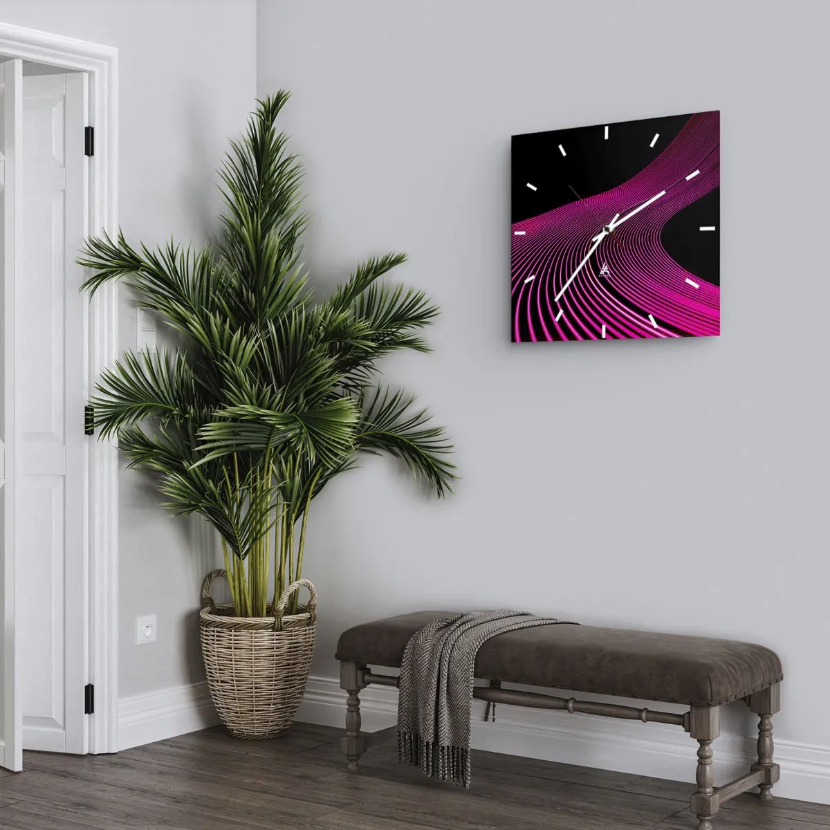 Reloj de pared - Reloj de vidrio - Líneas futuristas en tonos rosa sobre fondo negro. - 30x30cm - Avenida de luz - Decoración de pared moderna para salón y dormitorio ARTTOR