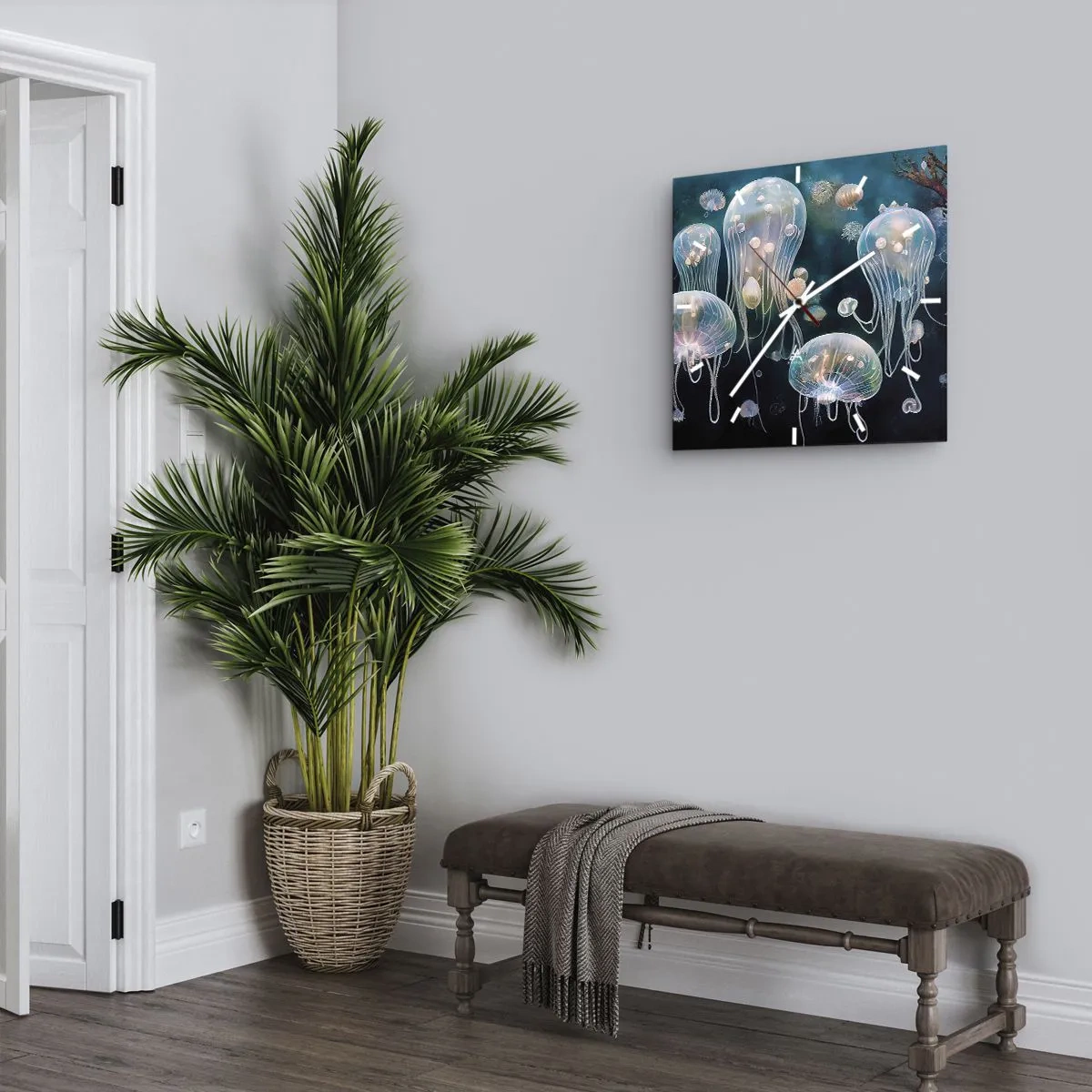 Reloj de pared - Reloj de vidrio - Delicadas medusas en el mundo submarino - 30x30cm - Globos submarinos - Decoración de pared moderna para salón y dormitorio ARTTOR