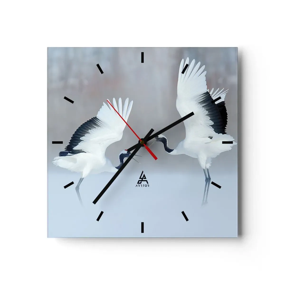 Reloj de pared - Reloj de vidrio - Dos grullas bailando en un paisaje brumoso - 30x30cm - Danza en la niebla - Decoración de pared moderna para salón y dormitorio ARTTOR