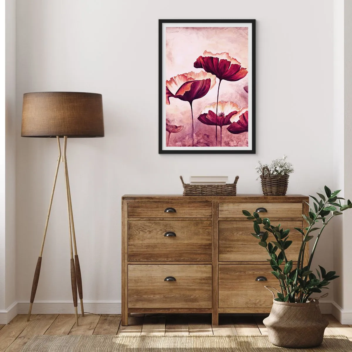 Póster en marco negro - Amapolas pintorescas sobre un sutil fondo pastel. - 50x70cm - Pétalo rojo y blanco - Decoración de pared moderna para salón y dormitorio ARTTOR
