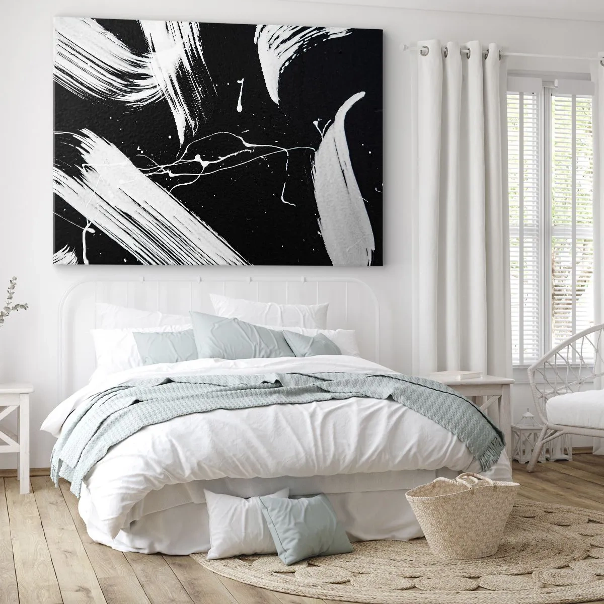 Cuadro sobre lienzo - Impresión de Imagen - Trazos blancos abstractos sobre un fondo negro - 70x50cm - Rompiendo la oscuridad - Decoración de pared moderna para salón y dormitorio ARTTOR