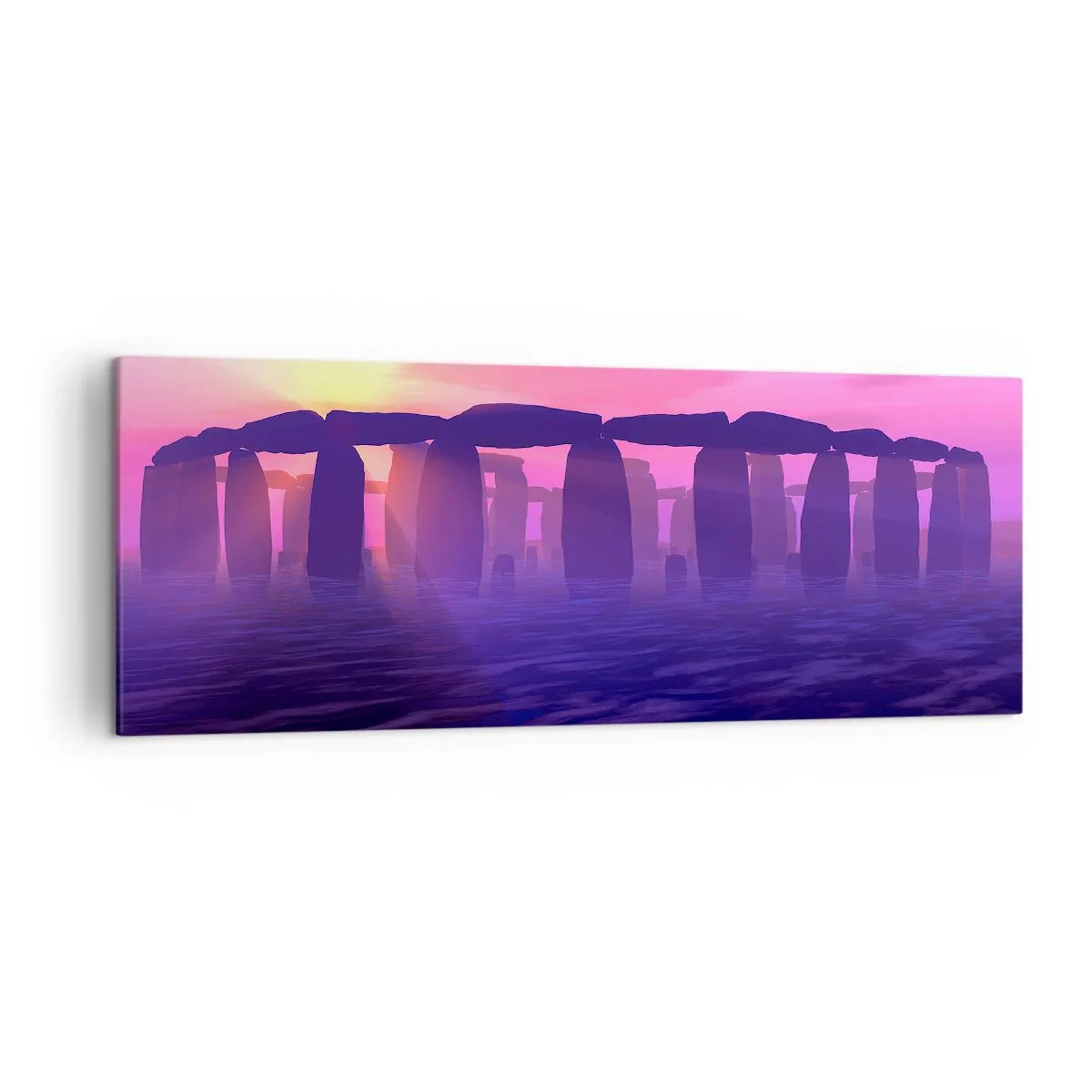 Cuadro sobre lienzo - Impresión de Imagen - Círculo de piedras al atardecer con un cielo violeta - 140x50cm - Misterio al amanecer en la niebla - Decoración de pared moderna para salón y dormitorio ARTTOR