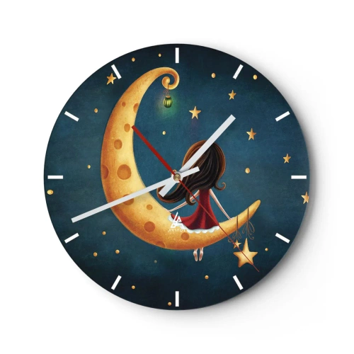 Reloj de pared - Reloj de vidrio - Una niña sentada en la luna en un entorno de cuento de hadas. - 30x30cm - Érase una vez... - Decoración de pared moderna para salón, cocina y dormitorio ARTTOR