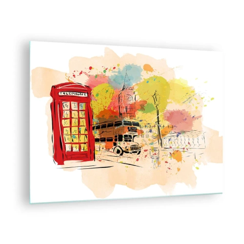 Cuadro sobre vidrio - Impresiones sobre Vidrio - Una cabina telefónica roja, un autobús de dos pisos y el Big Ben - 70x50cm - Una ciudad de la diversidad - Decoración de pared moderna para salón y dormitorio ARTTOR