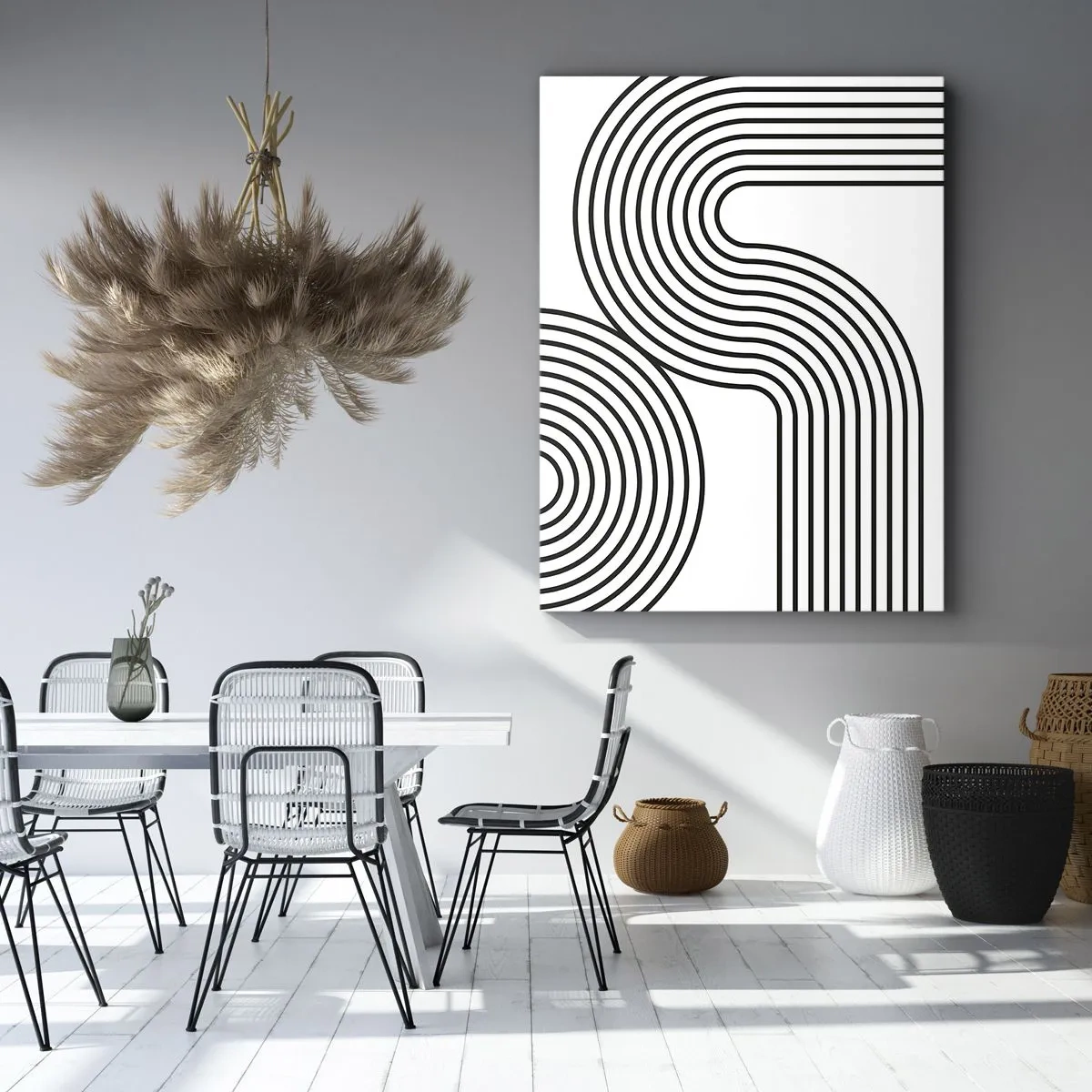 Cuadro sobre lienzo - Impresión de Imagen - Una pintura abstracta con líneas negras que crean patrones geométricos sobre un fondo blanco. - 50x70cm - En una curva - Decoración de pared moderna para salón y dormitorio ARTTOR