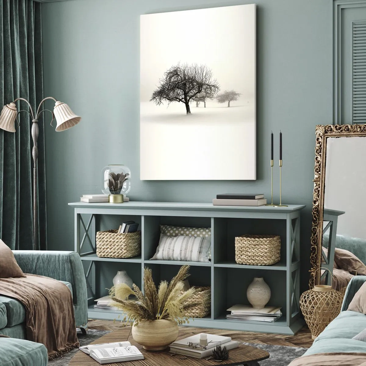 Cuadro sobre lienzo - Impresión de Imagen - Árboles en un campo cubierto de nieve rodeado de niebla. - 50x70cm - Sueño de invierno - Decoración de pared moderna para salón y dormitorio ARTTOR