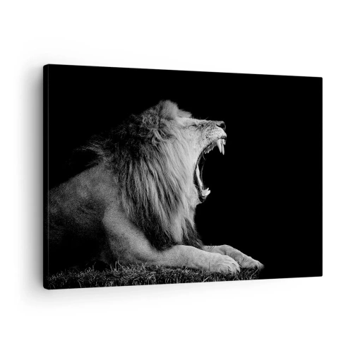 Cuadro sobre lienzo - Impresión de Imagen - Un león rugiente sobre un fondo negro en tonos blanco y negro. - 70x50cm - Sin duda alguna - Decoración de pared moderna para salón y dormitorio ARTTOR