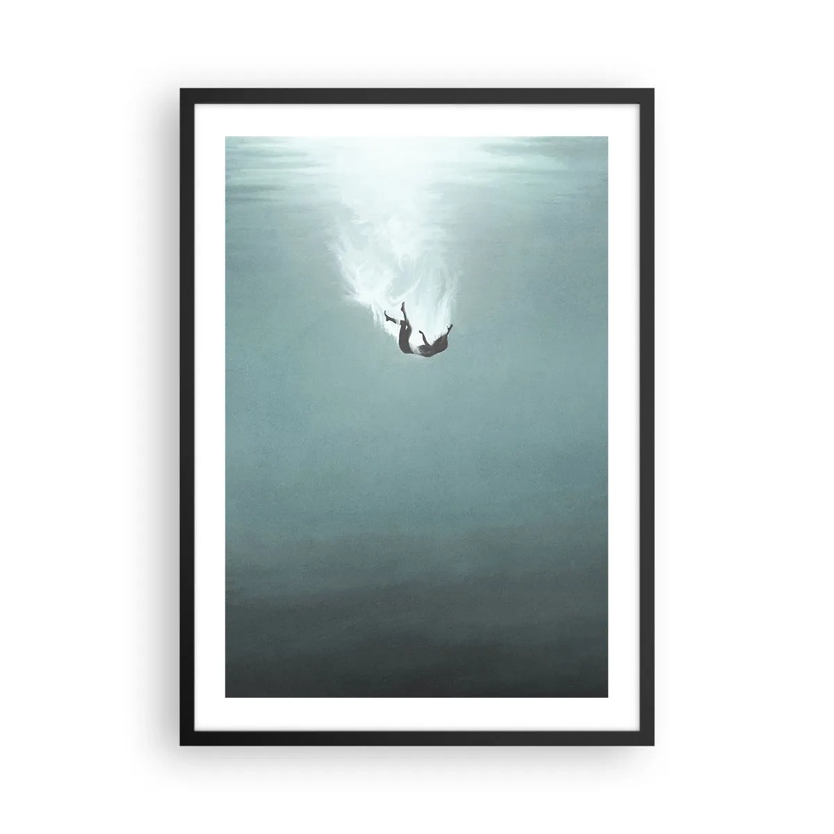 Póster en marco negro - Silueta de un hombre cayendo a las profundidades del agua. - 50x70cm - En el abrazo del océano - Decoración de pared moderna para salón y dormitorio ARTTOR