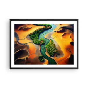 Póster en marco negro - Un río verde rodeado de arenas doradas y vegetación. - 70x50cm - Río que da vida - Decoración de pared moderna para salón y dormitorio ARTTOR