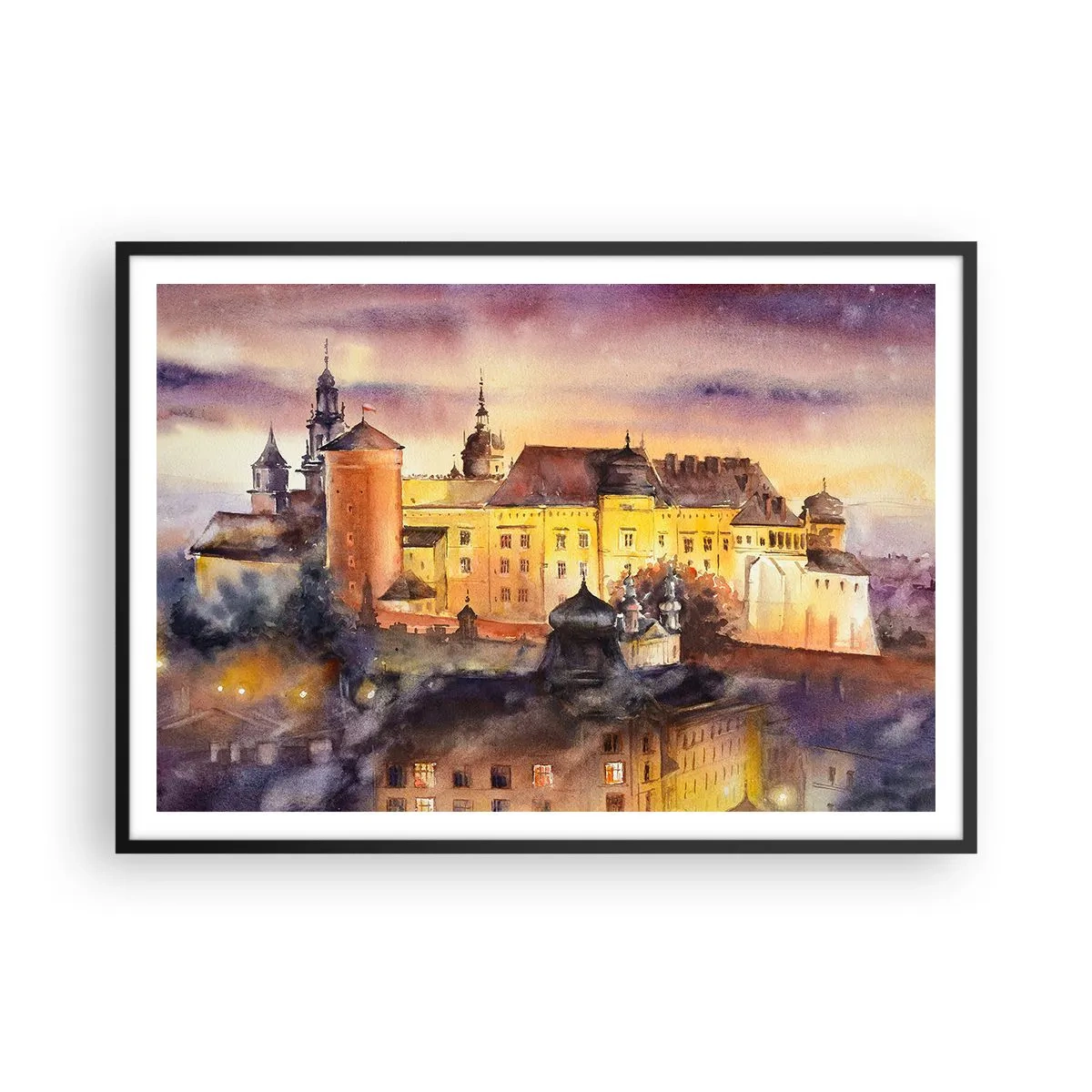 Póster en marco negro - Una pintoresca pintura de acuarela de un castillo al atardecer. - 100x70cm - Una historia y un cuento - Decoración de pared moderna para salón y dormitorio ARTTOR