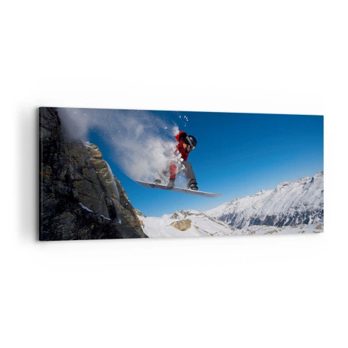 Cuadro sobre lienzo - Impresión de Imagen - Un snowboarder salta desde una roca frente a un paisaje montañoso. - 120x50cm - Y te convertiste en parte del lugar - Decoración de pared moderna para salón y dormitorio ARTTOR