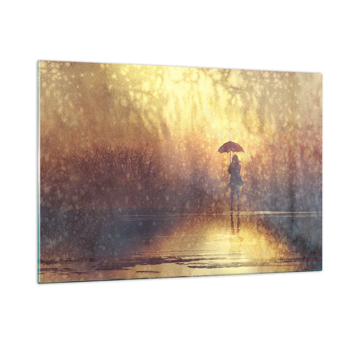 Cuadro sobre vidrio - Impresiones sobre Vidrio - Una figura con un paraguas a la luz del sol poniente y la lluvia. - 120x80cm - Siento que alguien me mira - Decoración de pared moderna para salón y dormitorio ARTTOR