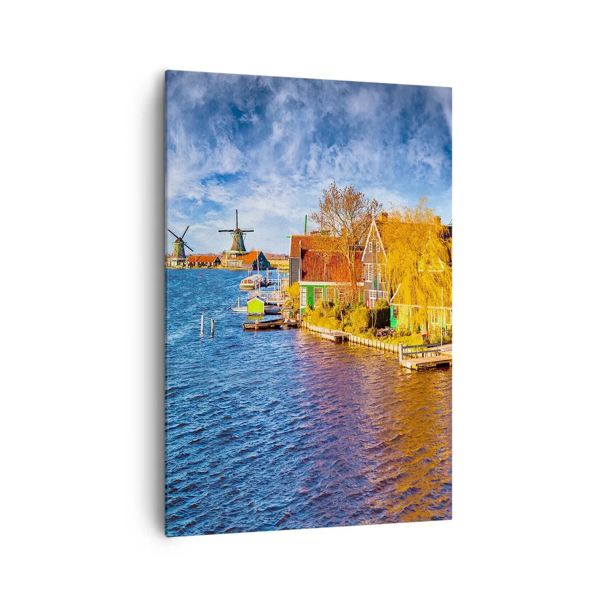 Cuadro sobre lienzo - Impresión de Imagen - Casas pintorescas y molinos de viento junto al agua - 70x100cm - Durante siglos, sin cambios - Decoración de pared moderna para salón y dormitorio ARTTOR