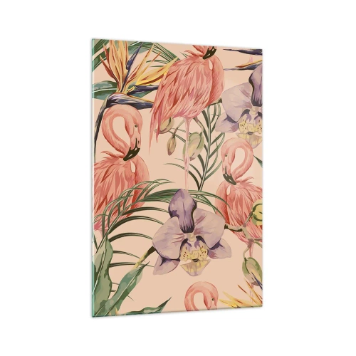 Cuadro sobre vidrio - Impresiones sobre Vidrio - Flamencos y flores tropicales sobre un fondo claro. - 70x100cm - Un ballet rosa en flores - Decoración de pared moderna para salón y dormitorio ARTTOR