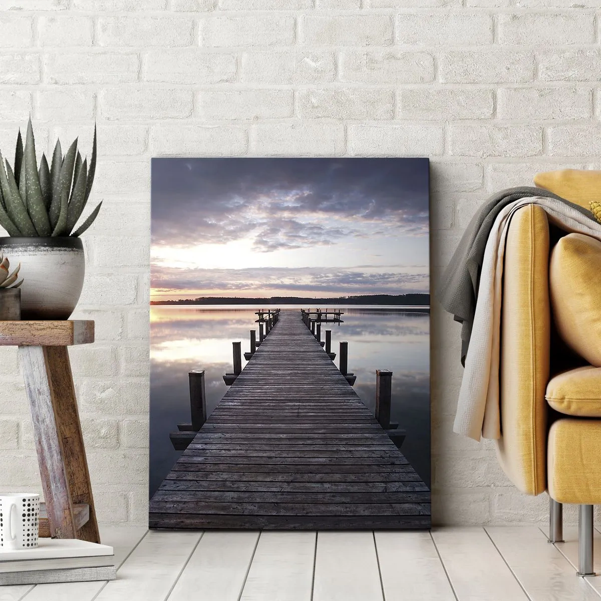 Cuadro sobre lienzo - Impresión de Imagen - Un muelle en un lago al atardecer en un paisaje tranquilo. - 50x70cm - Frontera silenciosa del día y la noche - Decoración de pared moderna para salón y dormitorio ARTTOR