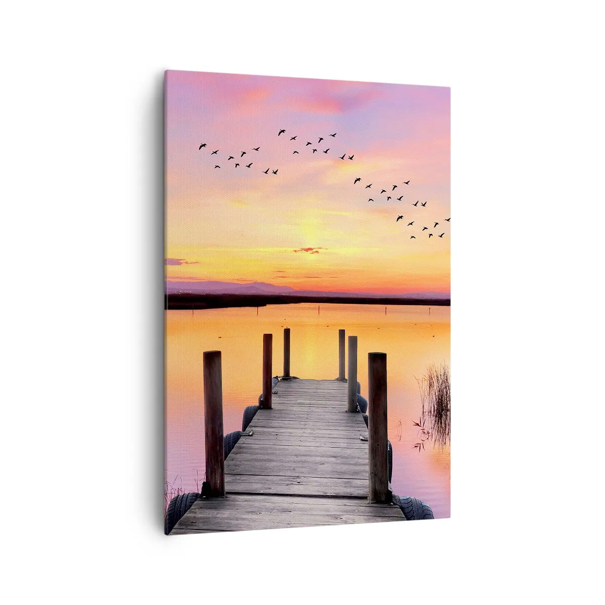 Cuadro sobre lienzo - Impresión de Imagen - Un muelle en un lago al atardecer con pájaros en el cielo. - 70x100cm - Violeta amanecer silencioso - Decoración de pared moderna para salón y dormitorio ARTTOR