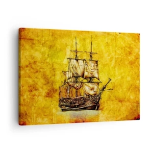 Cuadro sobre lienzo - Impresión de Imagen - Un dibujo estilizado de un velero sobre un fondo dorado con un toque vintage. - 70x50cm - ¡Rumbo a la isla Tortuga! - Decoración de pared moderna para salón y dormitorio ARTTOR