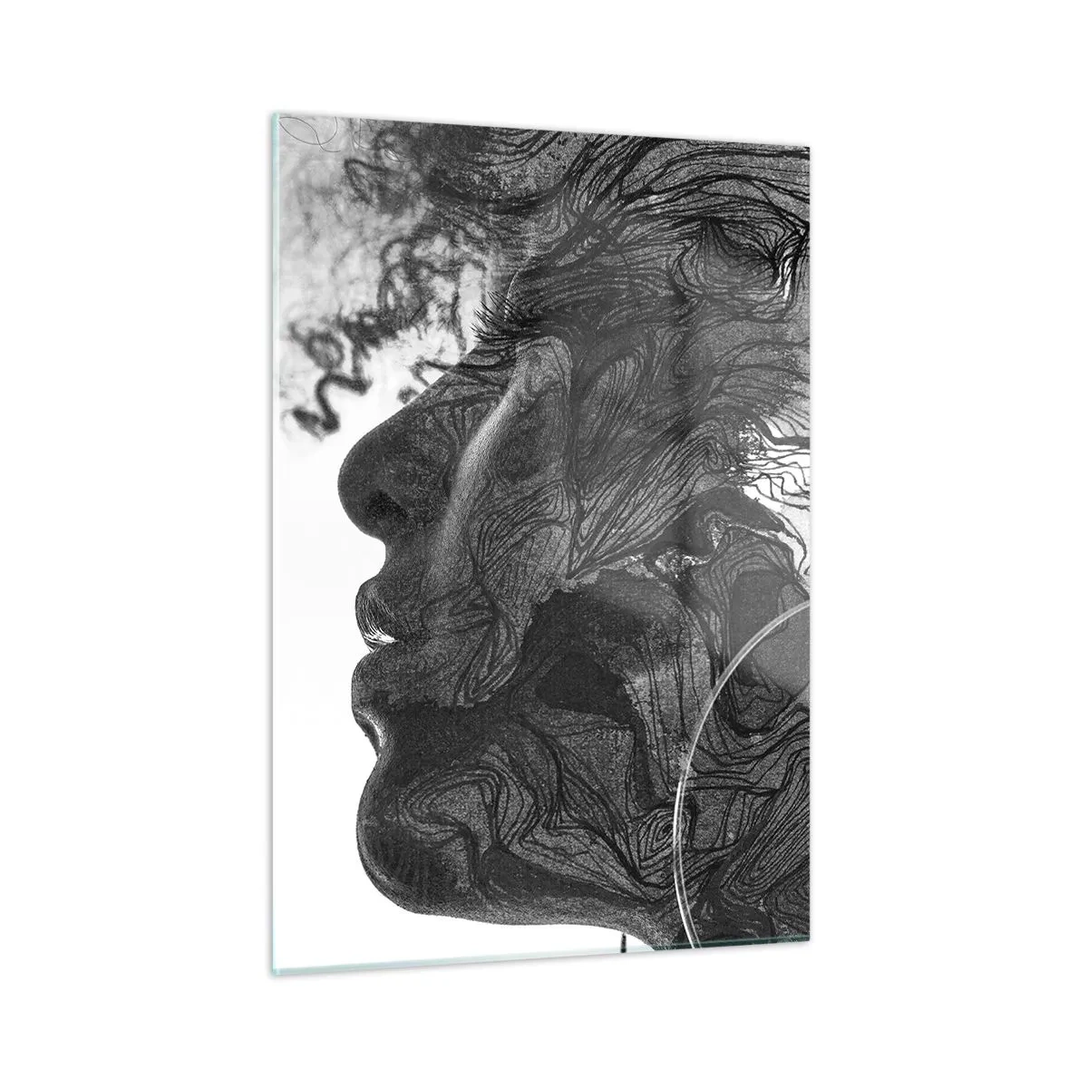 Cuadro sobre vidrio - Impresiones sobre Vidrio - Silueta en blanco y negro de una mujer con líneas abstractas. - 50x70cm - Enredada en sueños - Decoración de pared moderna para salón y dormitorio ARTTOR