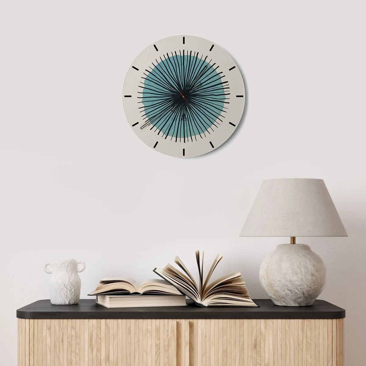 Reloj de pared - Reloj de vidrio - Motivo abstracto con un círculo azul y líneas negras. - 30x30cm - Radiante en azul - Decoración de pared moderna para salón, cocina y dormitorio ARTTOR
