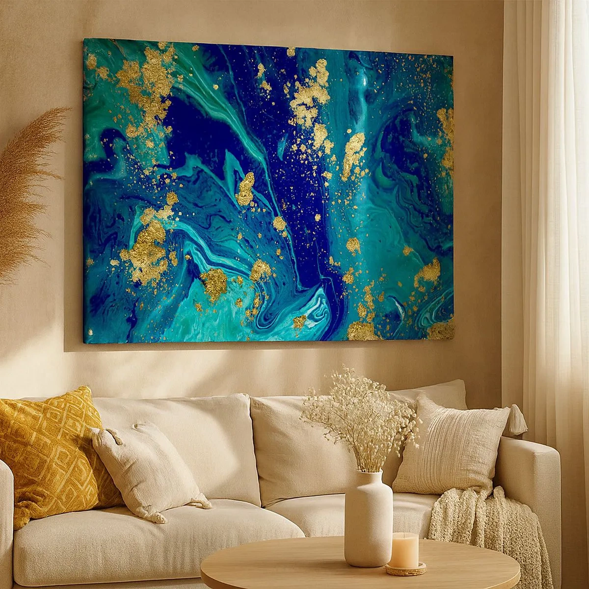 Cuadro sobre lienzo - Impresión de Imagen - Una composición abstracta con acentos azules, verdes y dorados. - 70x50cm - Pétalos de sol  - Decoración de pared moderna para salón y dormitorio ARTTOR