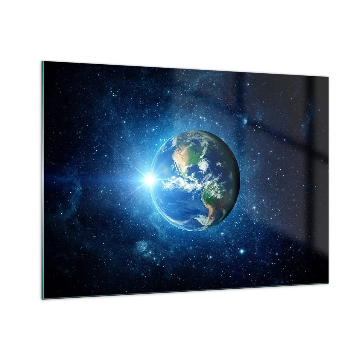 Cuadro sobre vidrio - Impresiones sobre Vidrio - La Tierra vista desde el espacio con rayos de luz. - 100x70cm - Estamos en el cielo - Decoración de pared moderna para salón y dormitorio ARTTOR