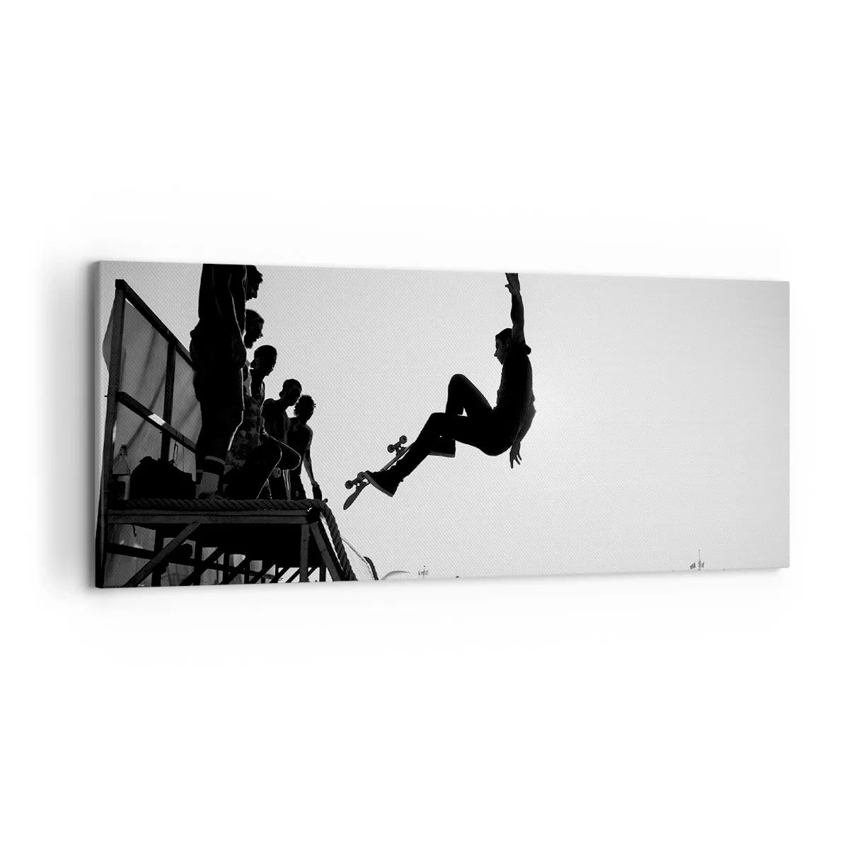 Cuadro sobre lienzo - Impresión de Imagen - Escena de skate en blanco y negro en una rampa - 120x50cm - Héroes y espectadores - Decoración de pared moderna para salón y dormitorio ARTTOR