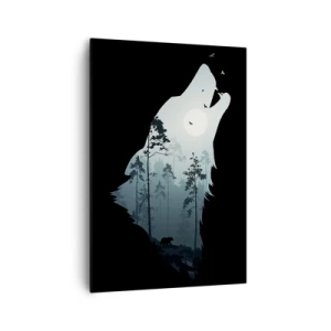 Cuadro sobre lienzo - Impresión de Imagen - Silueta de un lobo con un bosque y la luna al fondo - 70x100cm - Voz de la noche del bosque - Decoración de pared moderna para salón y dormitorio ARTTOR