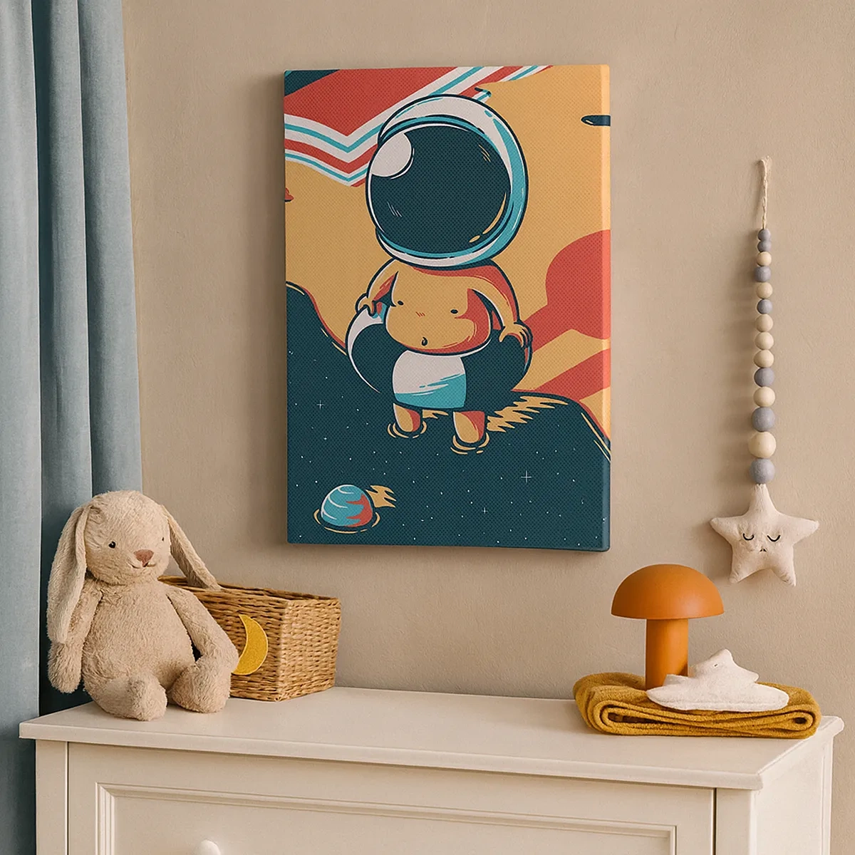 Cuadro sobre lienzo - Impresión de Imagen - Astronauta divertido en la playa con elementos espaciales de fondo. - 50x70cm - Desde una perspectiva diferente - Decoración de pared moderna para salón y dormitorio ARTTOR