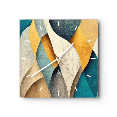 Reloj de pared - Reloj de vidrio - Ondas abstractas en tonos azules y dorados. - 30x30cm - Ritmo y ondulación - Decoración de pared moderna para salón y dormitorio ARTTOR