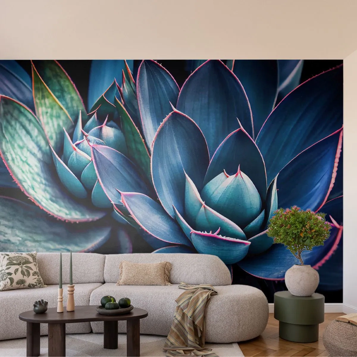 Fotomural Premium Sand - Primer plano de hojas suculentas en tonos verdes y morados. - 100x70cm - Fuerza vital - Decoración de pared moderna para salón y dormitorio ARTTOR