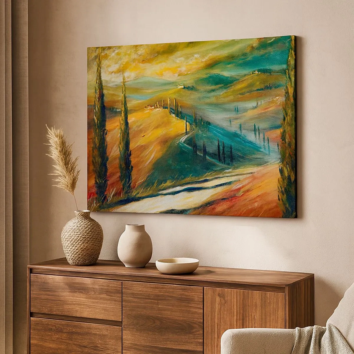 Cuadro sobre lienzo - Impresión de Imagen - Paisaje toscano con campos, camino y cipreses. - 70x50cm - Paisaje toscano - Decoración de pared moderna para salón y dormitorio ARTTOR