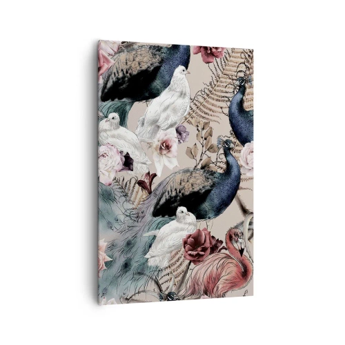 Cuadro sobre lienzo - Impresión de Imagen - Un paisaje con plumas de pavo real, rosas y pájaros en estilo romántico. - 80x120cm - En un jardín de palacio - Decoración de pared moderna para salón y dormitorio ARTTOR