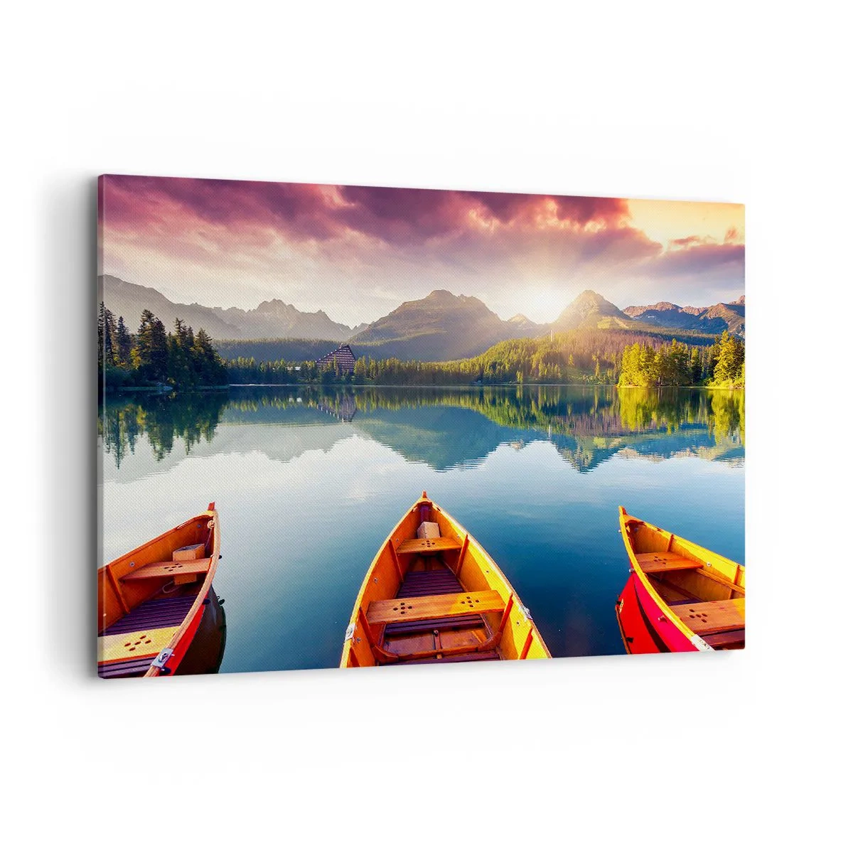Cuadro sobre lienzo - Impresión de Imagen - Tres barcos de madera con el telón de fondo de un lago de montaña al atardecer - 100x70cm - Frente a la naturaleza - Decoración de pared moderna para salón y dormitorio ARTTOR