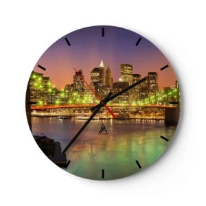 Reloj de pared - Reloj de vidrio - Rascacielos iluminados y un puente sobre el río a la luz del atardecer. - 30x30cm - Aquí la luz nunca se apaga - Decoración de pared moderna para salón, cocina y dormitorio ARTTOR