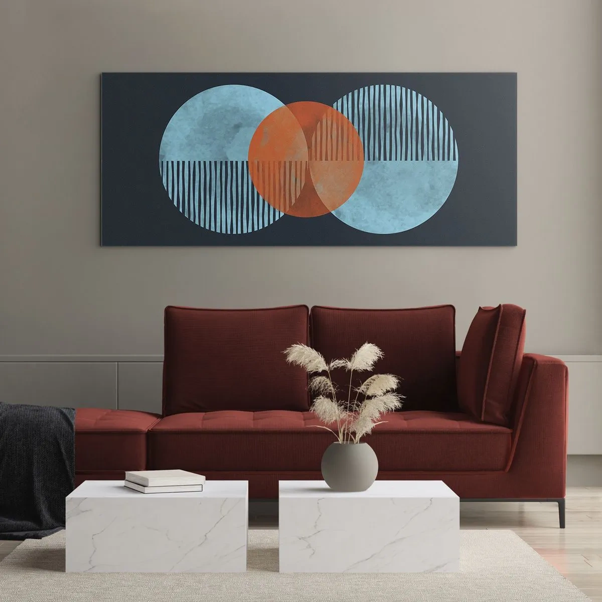 Cuadro sobre vidrio - Impresiones sobre Vidrio - Círculos geométricos en tonos azules y naranjas. - 120x50cm - Composición simétrica - Decoración de pared moderna para salón y dormitorio ARTTOR