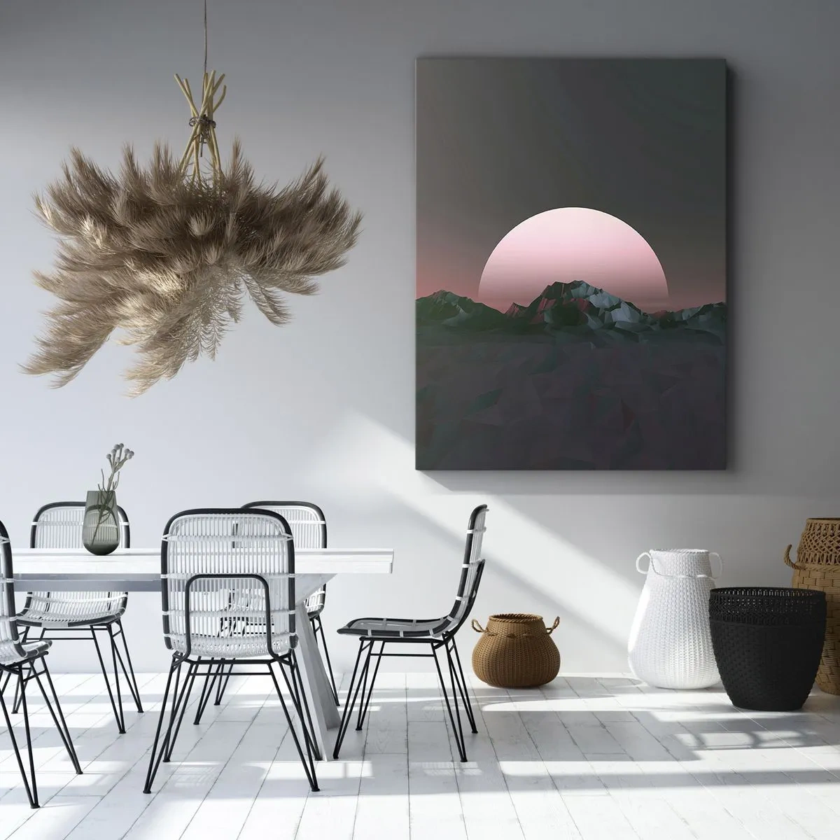 Cuadro sobre lienzo - Impresión de Imagen - Montañas geométricas con el sol poniente al fondo - 50x70cm - En una galaxia muy muy lejana - Decoración de pared moderna para salón y dormitorio ARTTOR