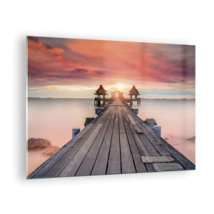 Cuadro sobre vidrio - Impresiones sobre Vidrio - Muelle de madera que conduce a los miradores junto al agua al atardecer - 70x50cm - De este a oeste - Decoración de pared moderna para salón y dormitorio ARTTOR