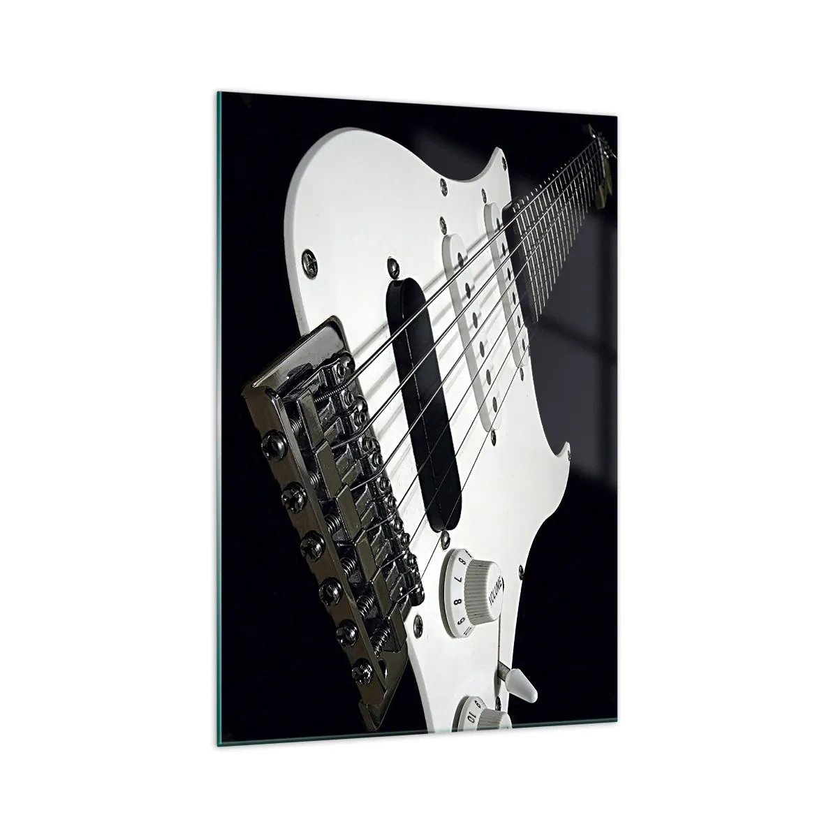 Cuadro sobre vidrio - Impresiones sobre Vidrio - Primer plano de una guitarra eléctrica blanca sobre fondo negro. - 70x100cm - Oculto en blanco está el sonido - Decoración de pared moderna para salón y dormitorio ARTTOR