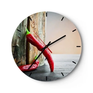 Reloj de pared - Reloj de vidrio - Chiles rojos sobre un fondo de madera - 30x30cm - Pimientos rojos picantes - Decoración de pared moderna para salón, cocina y dormitorio ARTTOR